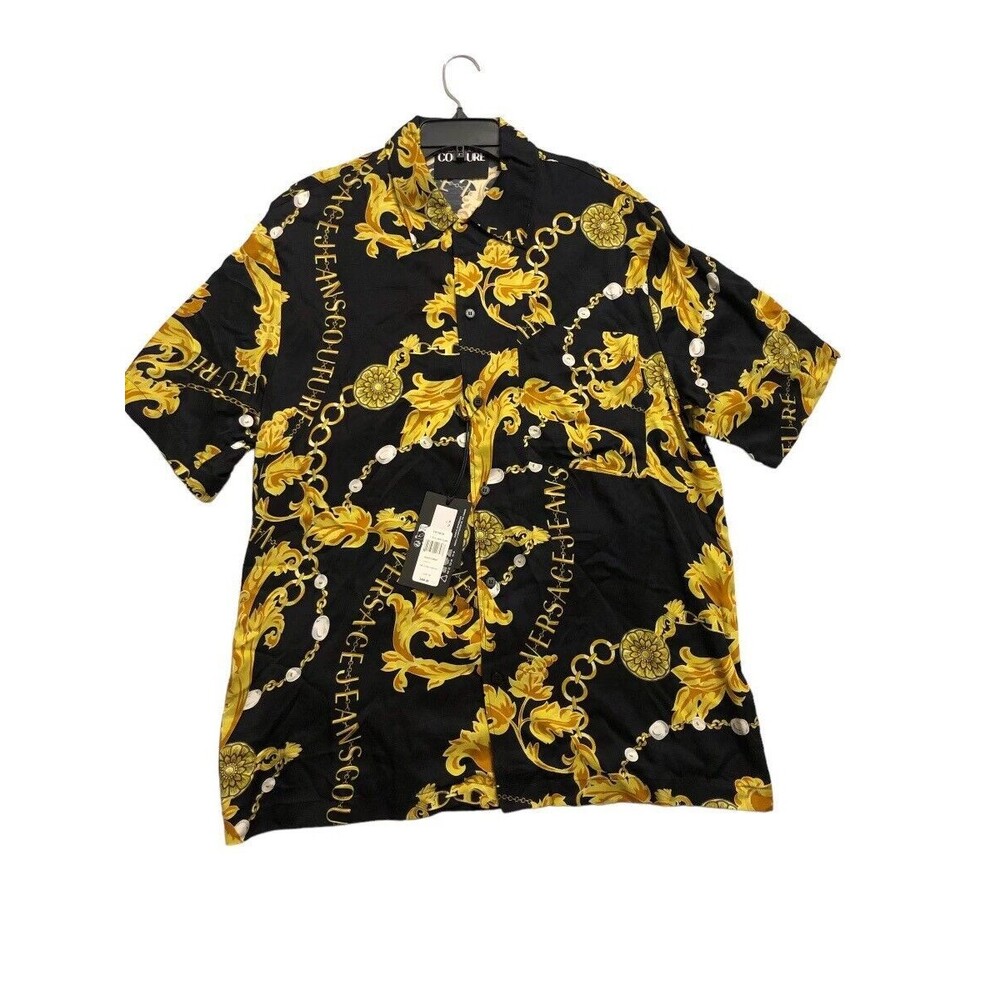 Versace Jeans Couture Chain-Link Camp Shirt Color Black Gold Size 50 (40) New